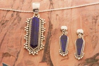 Artie Yellowhorse 3" long, Genuine Blue Lapis Sterling Silver Pendant and Post Earrings Set